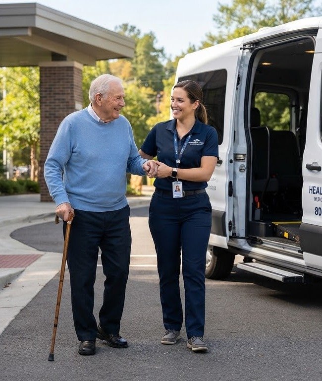 Driver assisting a patient with a cane toward a transport van