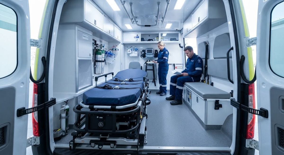 Health Link Tranz medical transport team caring for a patient inside a transport vehicle