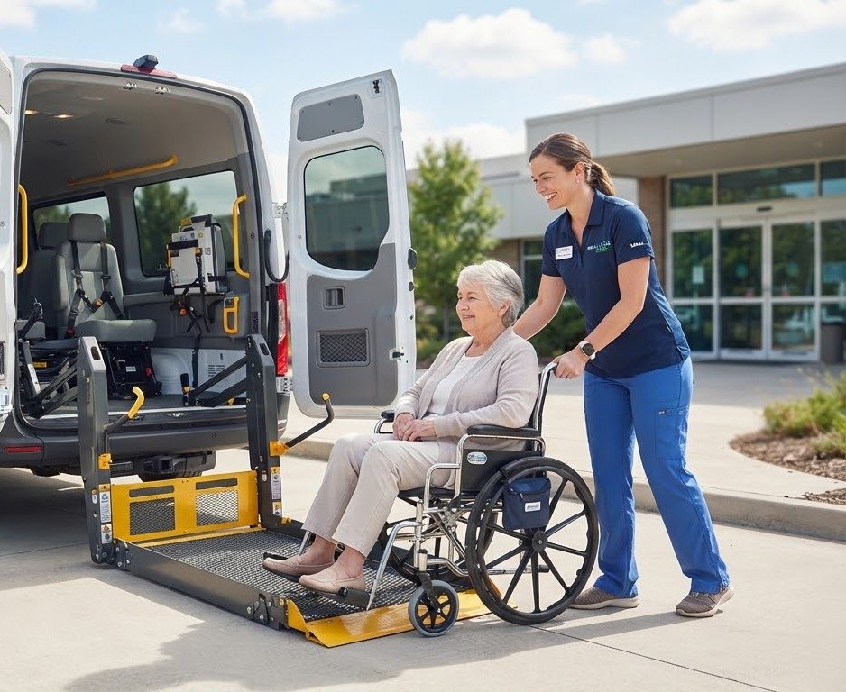 Attendant guiding a patient in a wheelchair onto a transport van lift